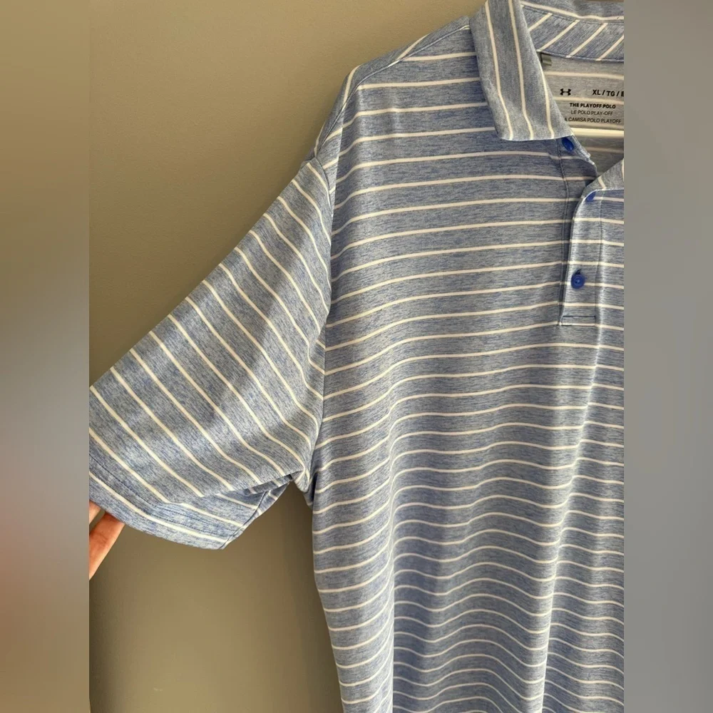 Under Armor Mens Blue White Striped Play Off Polo SZ XL Short Sleeve Collared